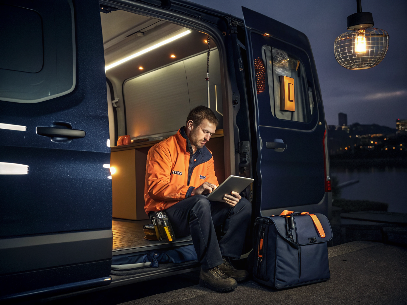 UK Service Professional using a tablet to manage quotes in a UK-style van